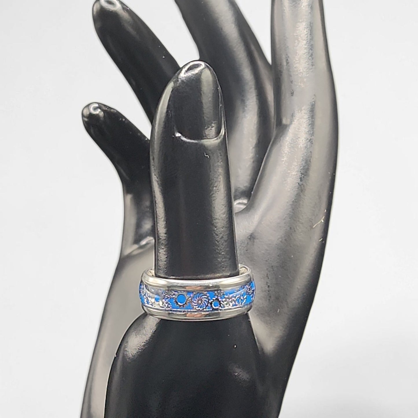 Blue Floral Spinner Ring | Stainless Steel Band