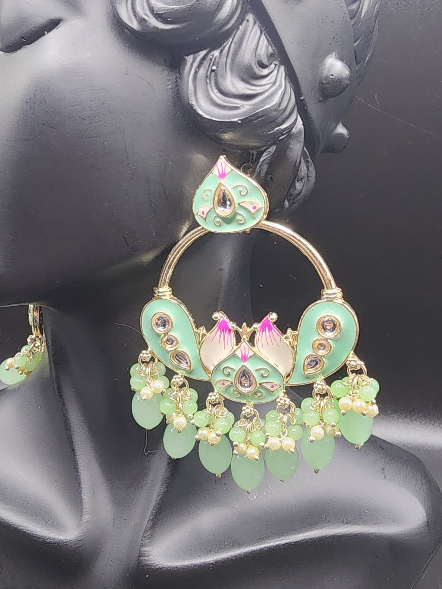 Mint Green Meenakari Statement Hoop Earrings with Pearl Drops – Soft Luxe