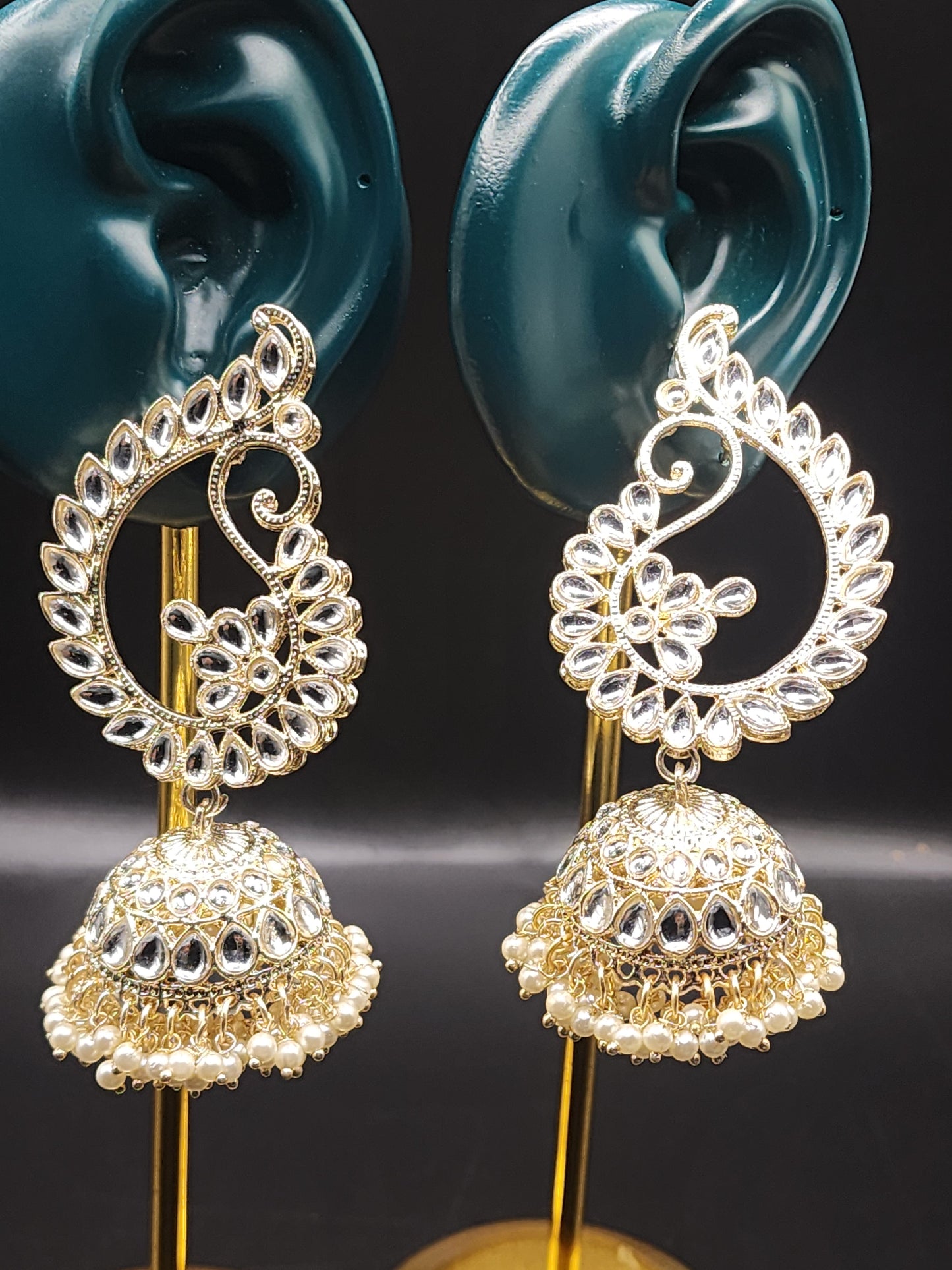 PSK ELEGANCE Gold Kundan Peacock Jhumka Earrings | Pearl Drop Statement Ethnic Jewelry