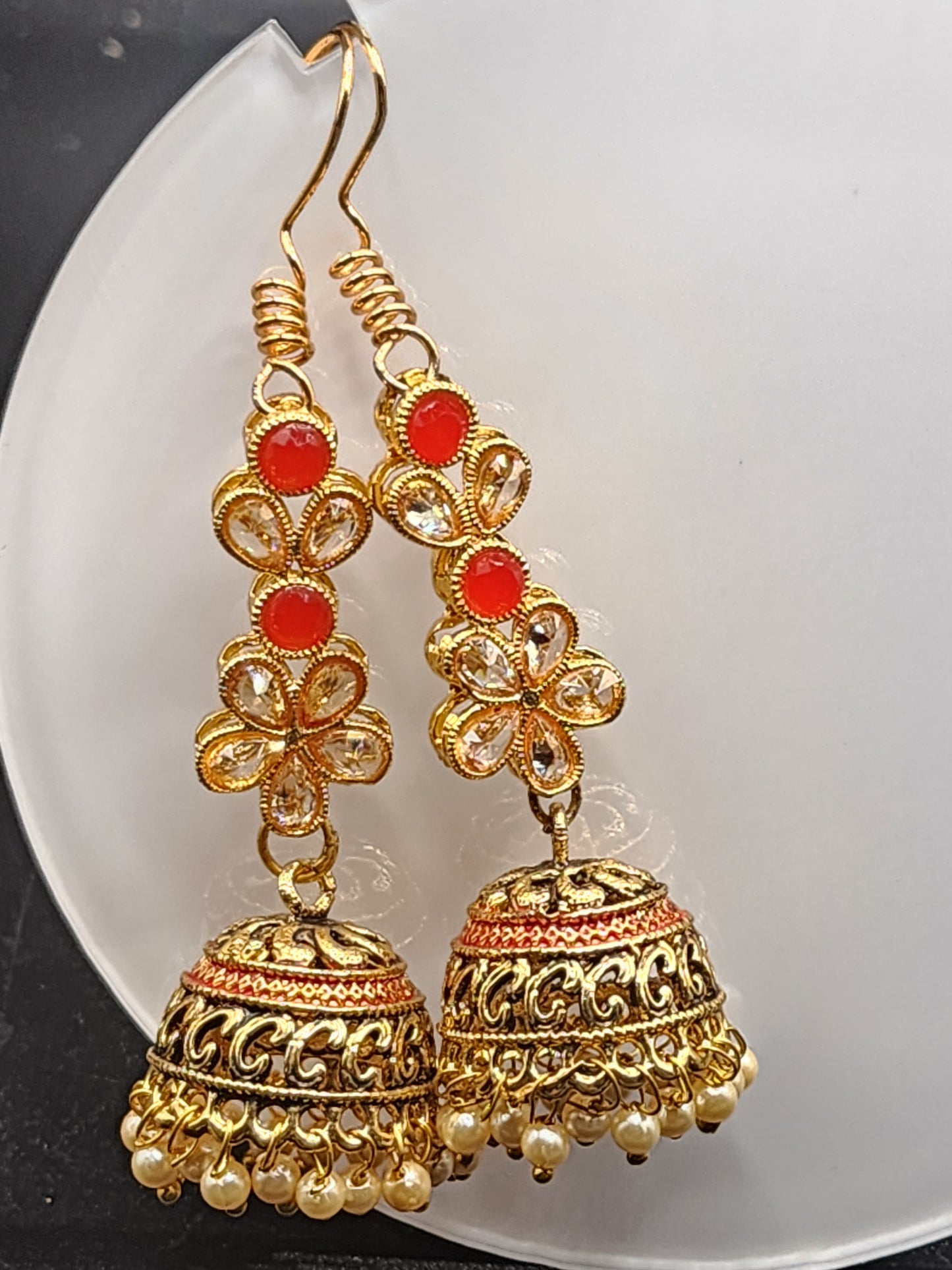 PSK ELEGANCE Red & Gold Floral Jhumka Earrings | Kundan Crystal Pearl Drop Ethnic Jewelry
