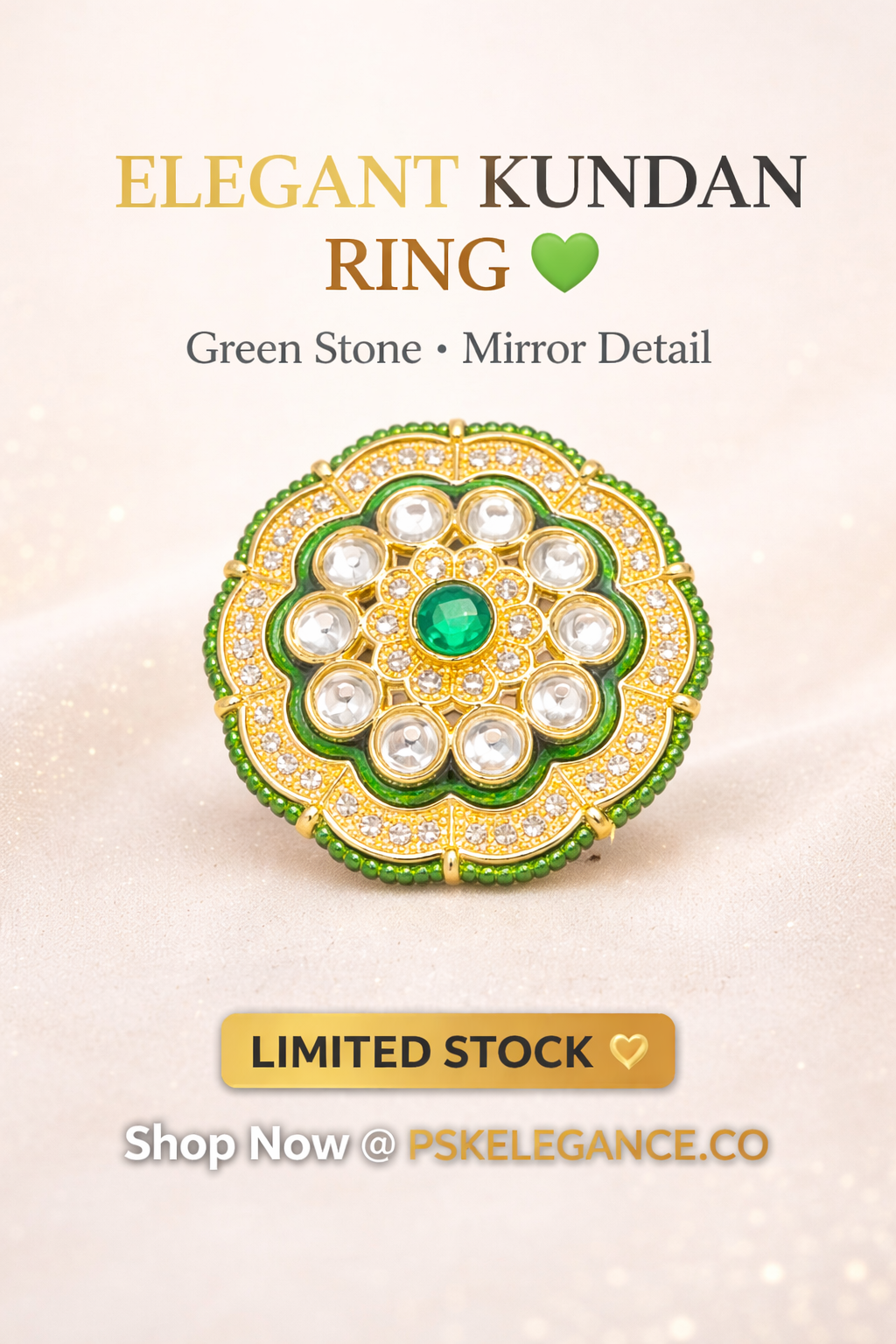 PSK ELEGANCE Green Kundan Mirror Statement Ring | Gold Enamel Adjustable Festive Cocktail Ring for Women