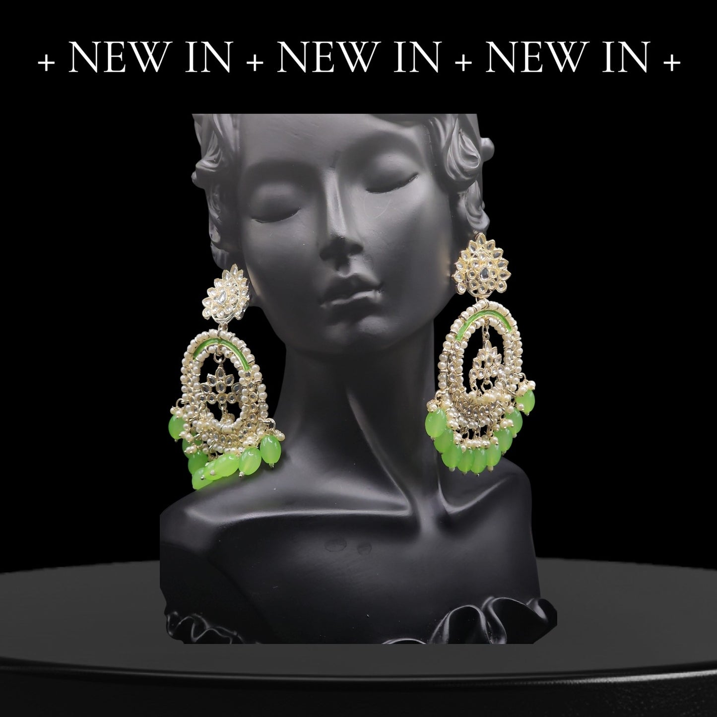 PSK ELEGANCE Neon Green Pearl Chandbali Earrings | Kundan Hoop Statement Indo-Western Jewelry