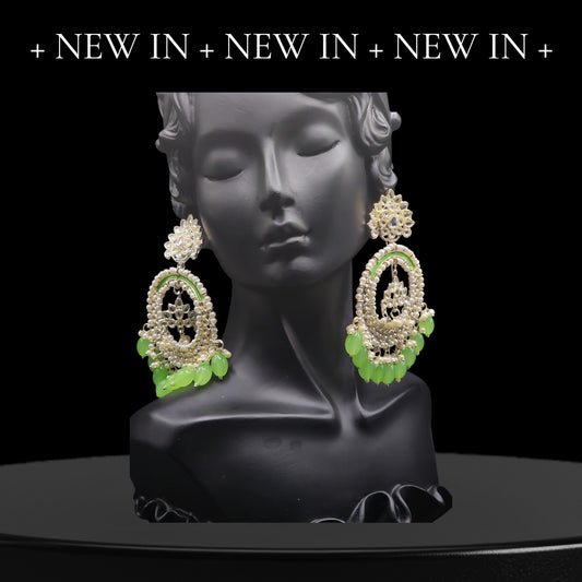 PSK ELEGANCE Neon Green Pearl Chandbali Earrings | Kundan Hoop Statement Indo-Western Jewelry