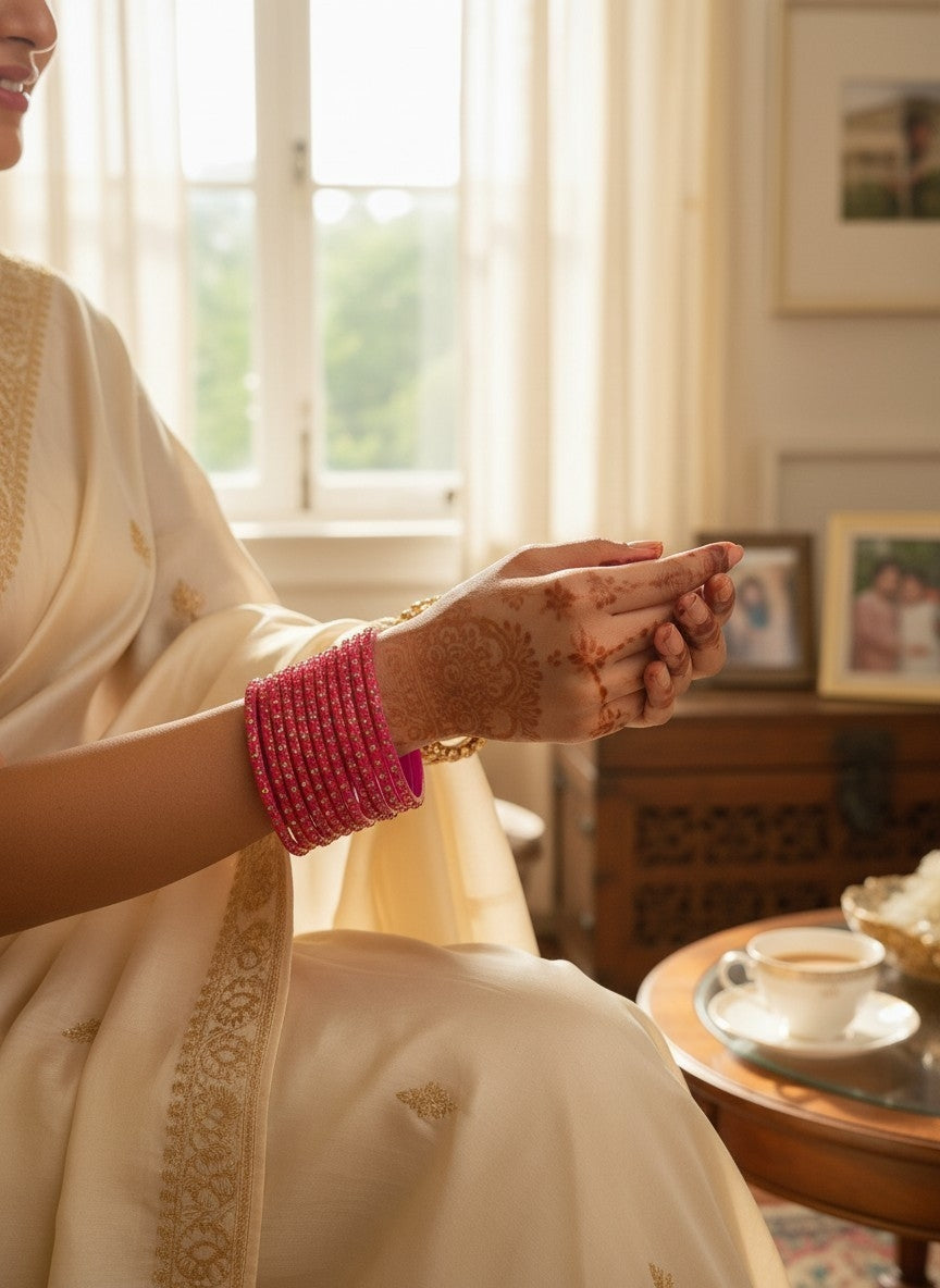 Hot Pink Glass Bangles Set | Sparkling Indian Festive Bracelet Stack