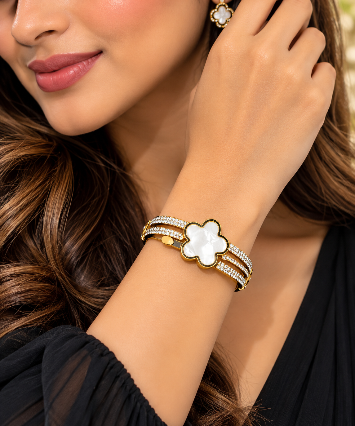 Gold-Tone White Clover Crystal Bangle Bracelet