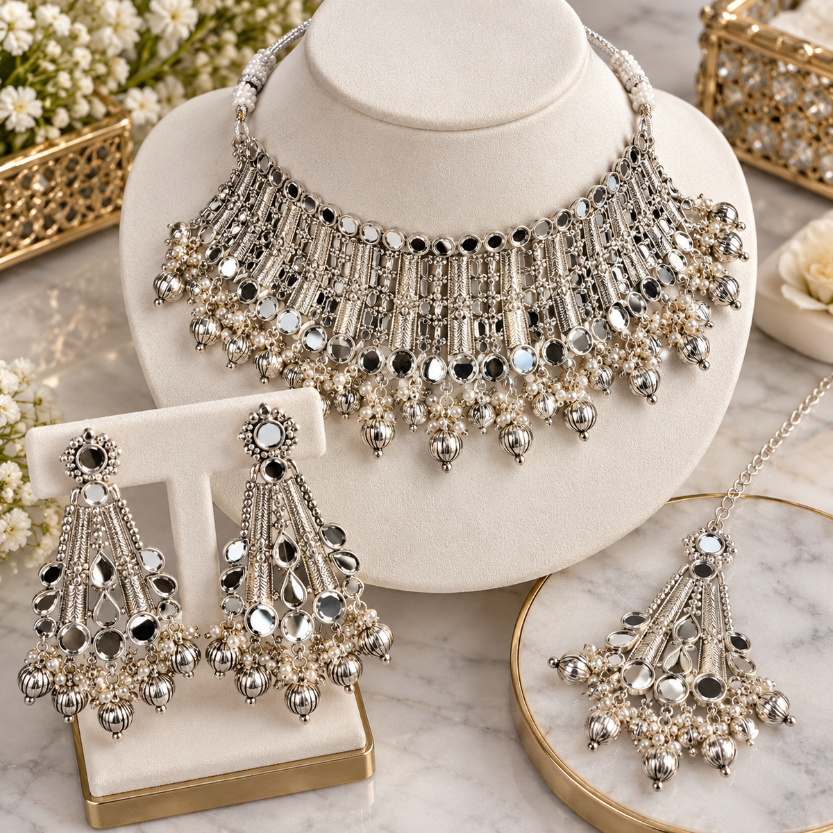 Silver Mirror Work Choker Necklace Set with Matching Earrings & Maang Tikka