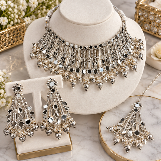 Silver Mirror Work Choker Necklace Set with Matching Earrings & Maang Tikka