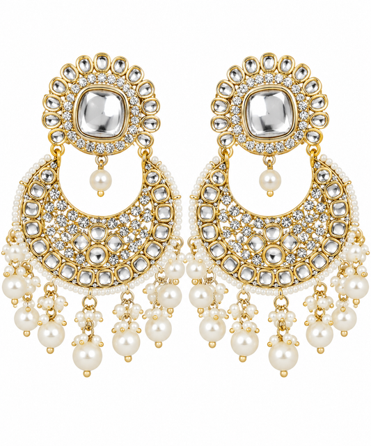 Gold & Pearl Kundan-Style Chandelier Statement Earrings