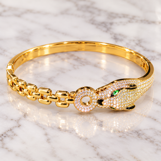 Gold-Tone Crystal Panther Head Statement Bangle Bracelet