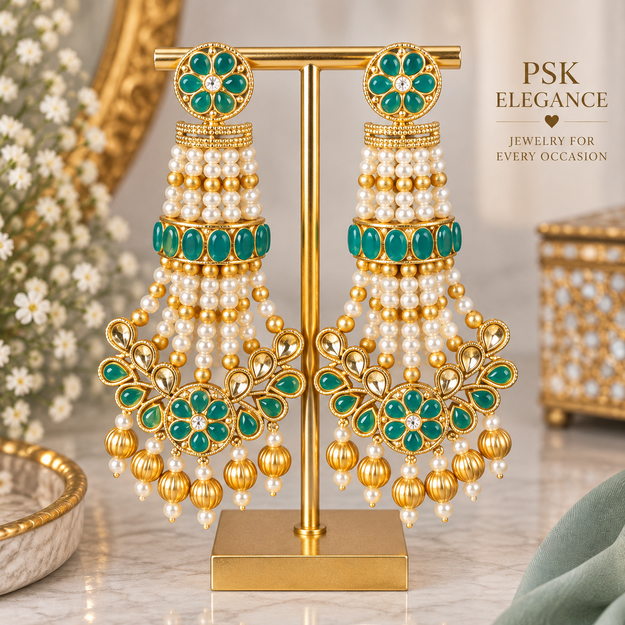 Teal Green & Pearl Statement Earrings