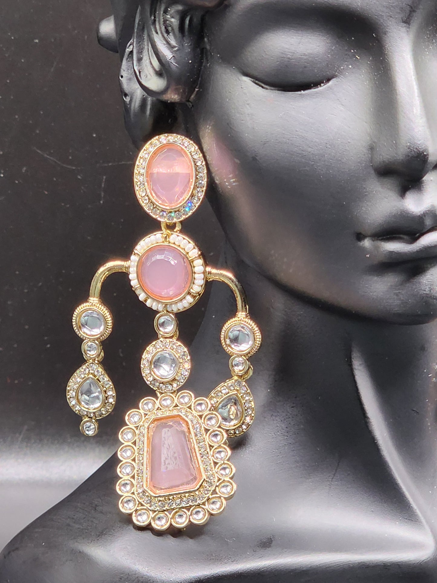 Blush Pink Kundan Statement Earrings with Crystal Drops – Feminine Luxe