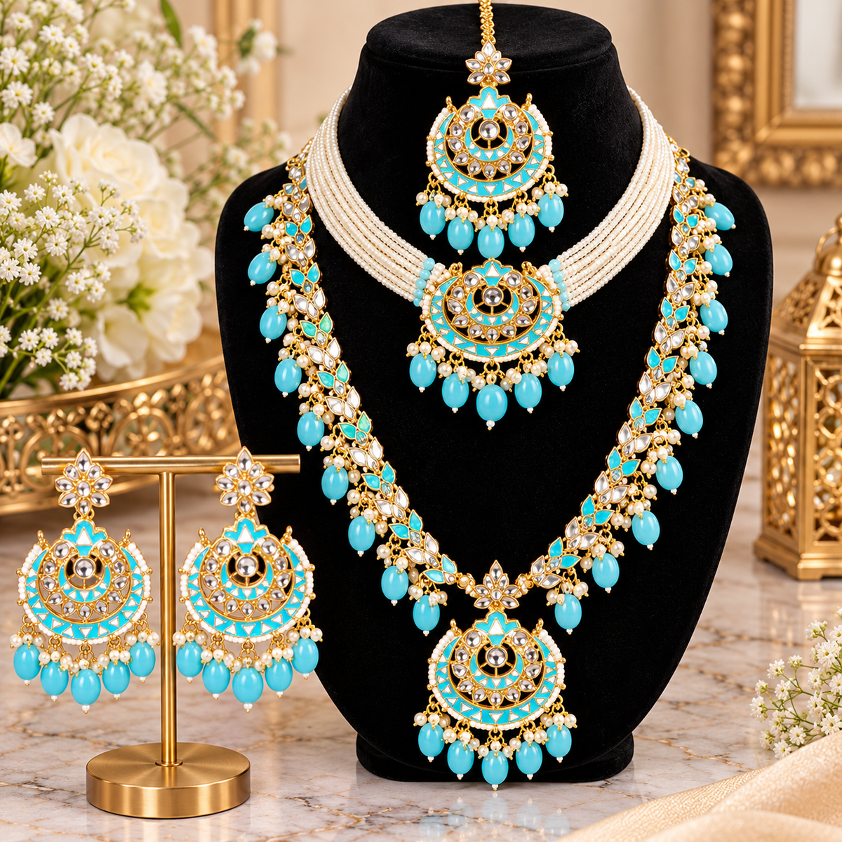 Turquoise Kundan Pearl Bridal Jewelry Set | Gold-Tone Necklace, Earrings & Maang Tikka