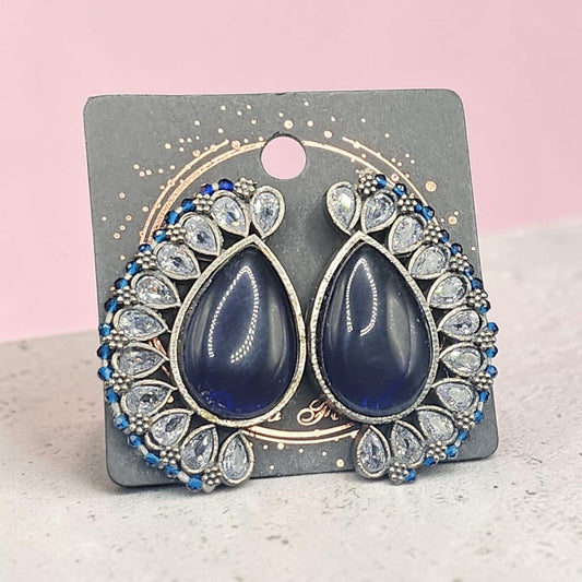 PSK ELEGANCE Midnight Blue Teardrop Statement Earrings | Crystal Halo Indo-Western Luxury Jewelry