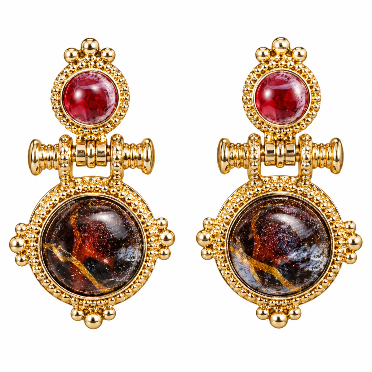 Gold & Burgundy Statement Drop Earrings