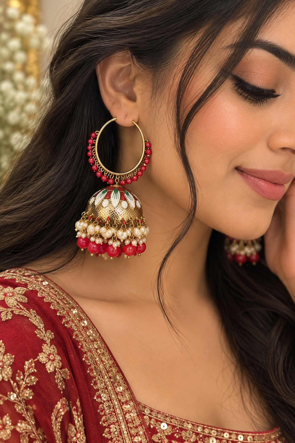 Red & Green Meenakari Hoop Jhumka Earrings | Pearl Statement Earrings