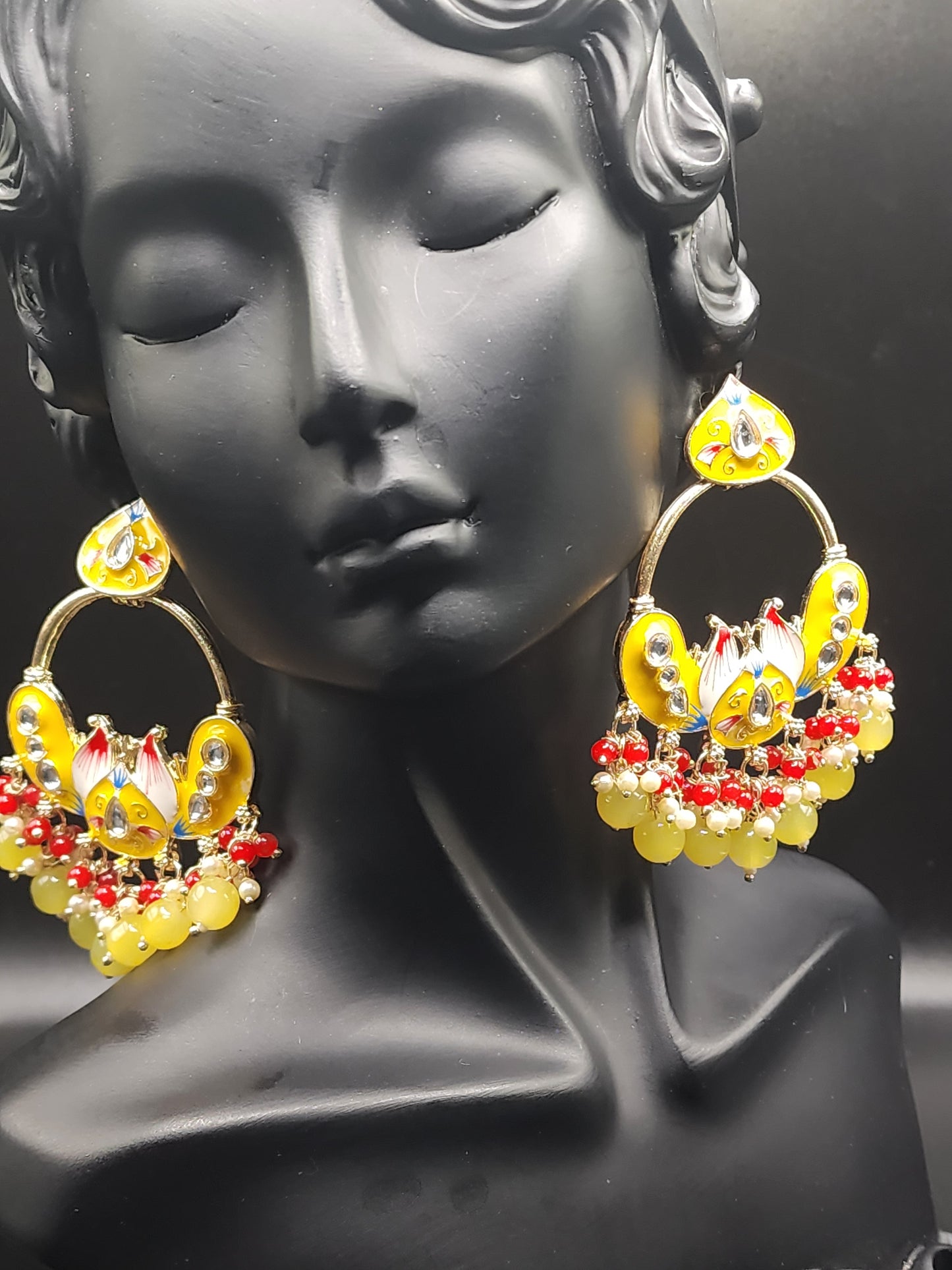 Yellow Meenakari Statement Earrings with Beaded Drops – Festive Luxe