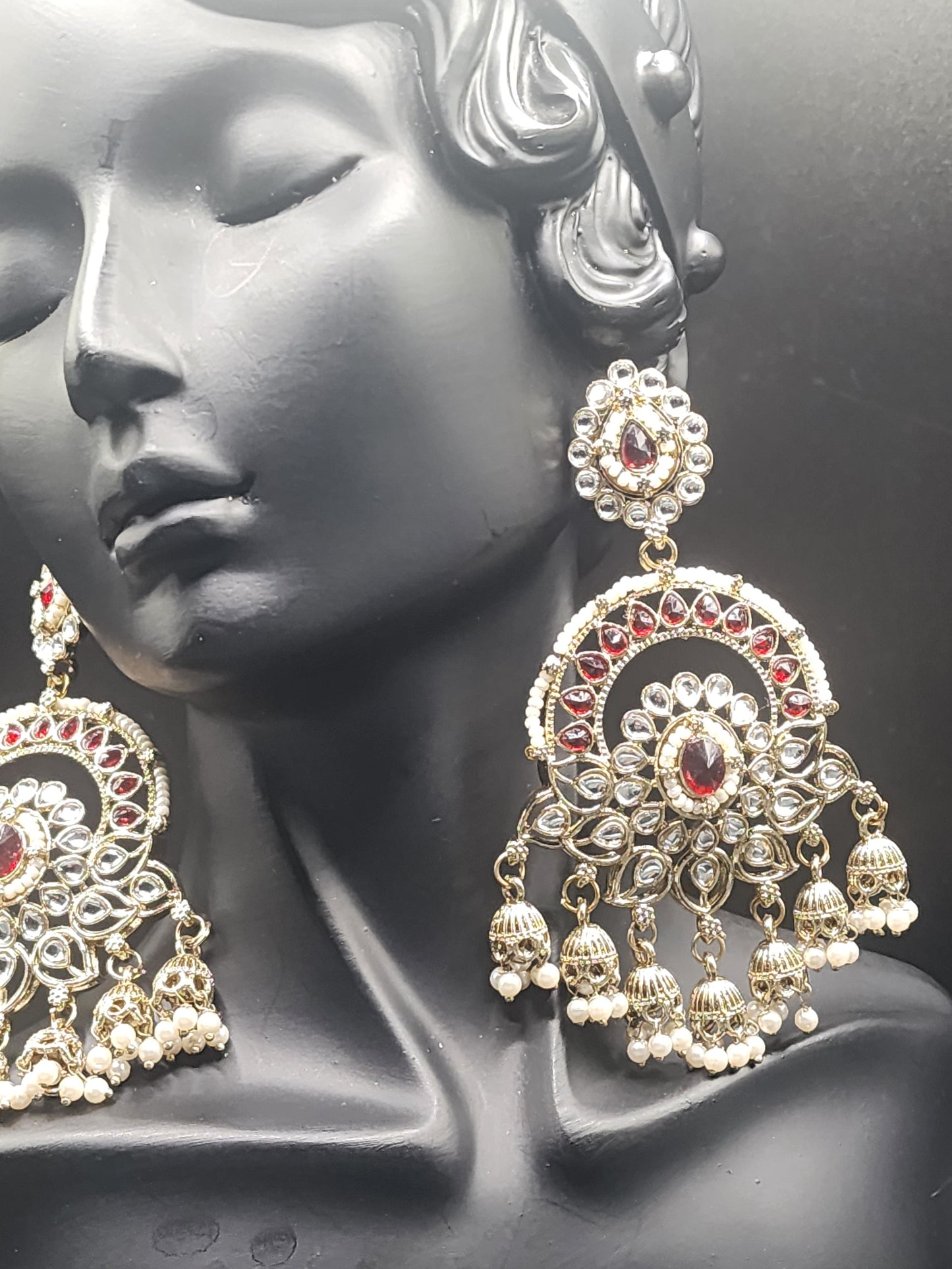 Royal Red Kundan Chandbali Earrings with Pearl Jhumka Drops
