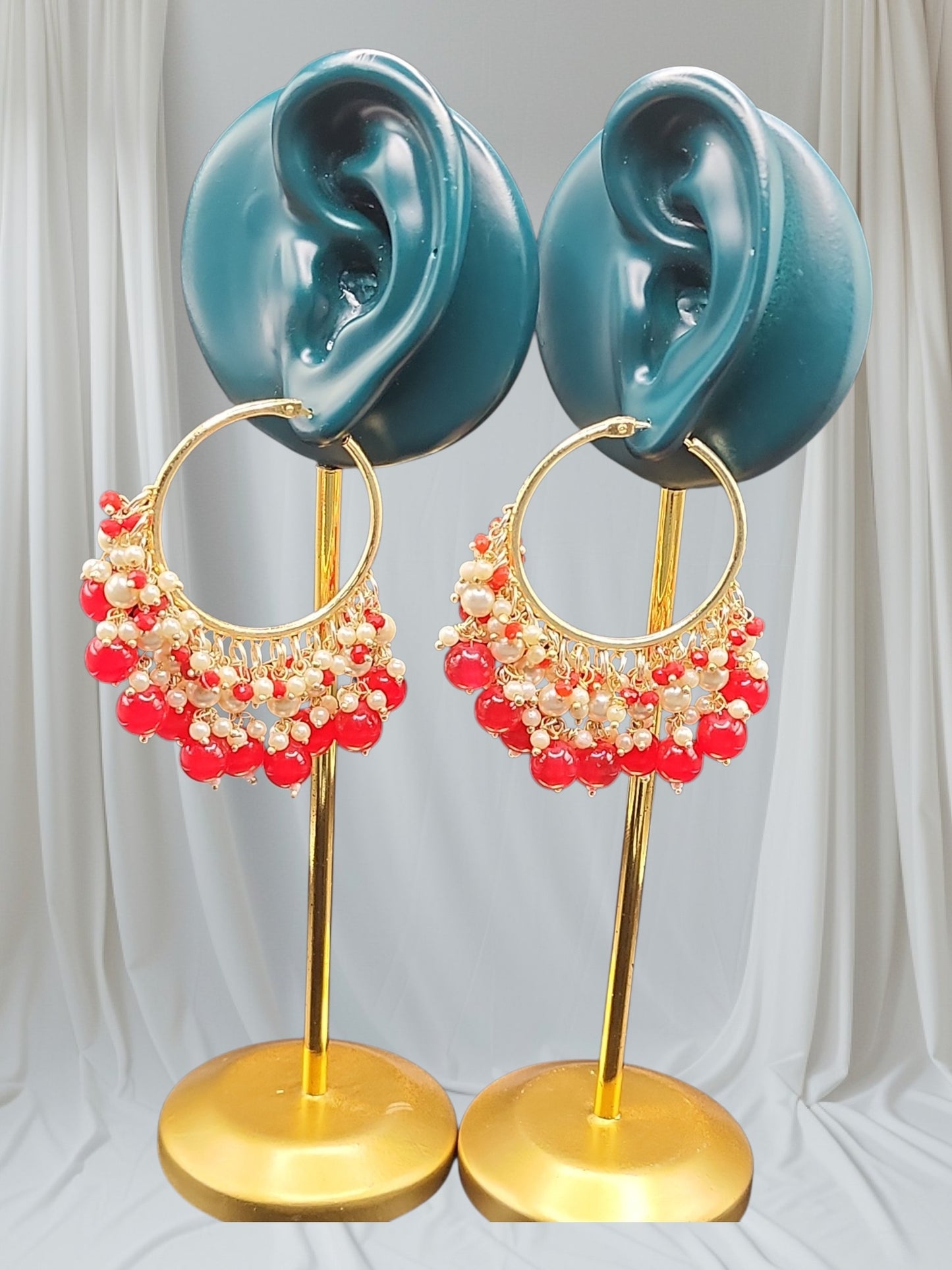 PSK ELEGANCE Red Pearl Hoop Earrings | Gold Tone Beaded Statement Indo-Western Jewelry