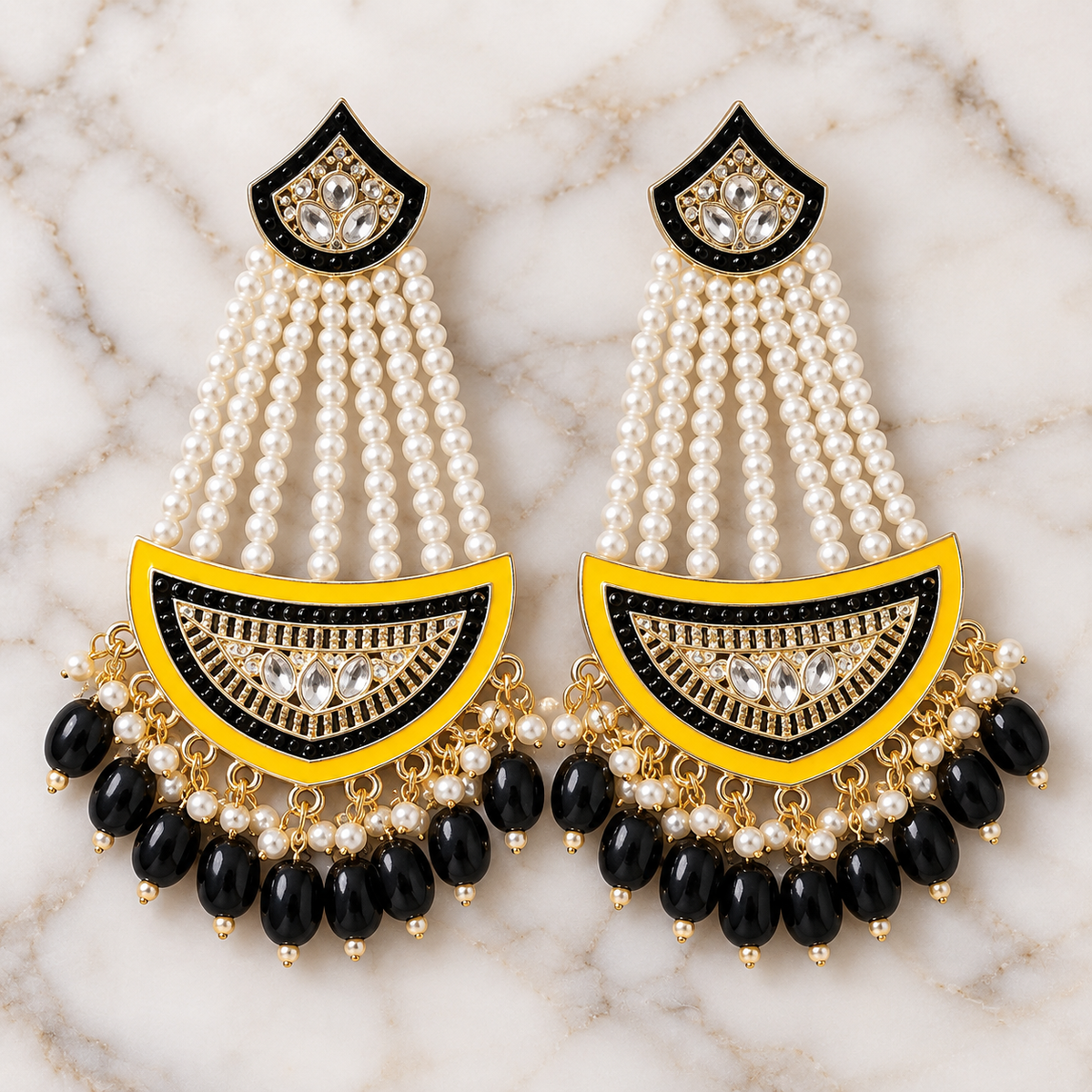 Black & Yellow Pearl Chandelier Earrings – Gold-Tone Statement Jhumkas