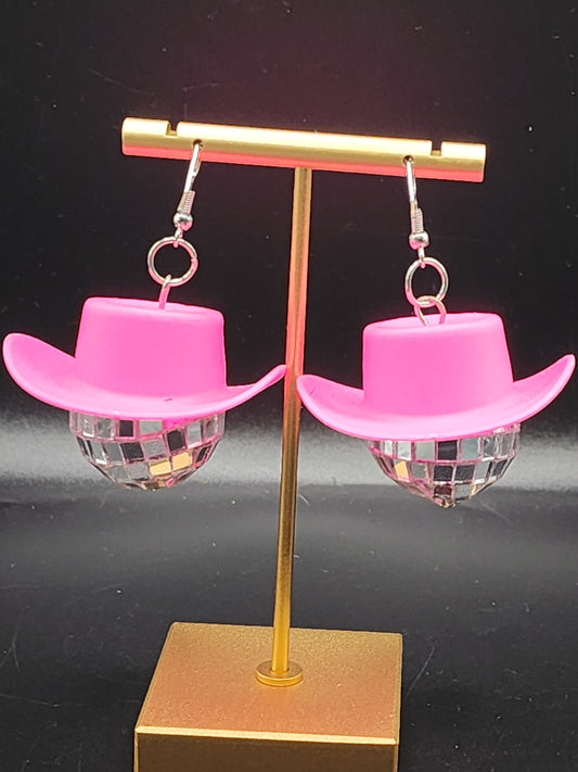 Pink Disco Cowboy Hat Statement Earrings