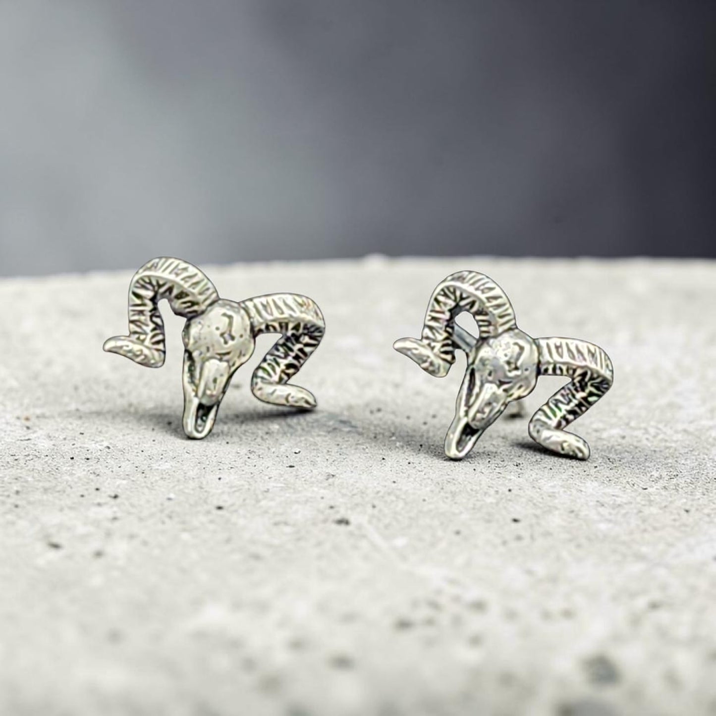 Oxidized Silver Ram Head Stud Earrings