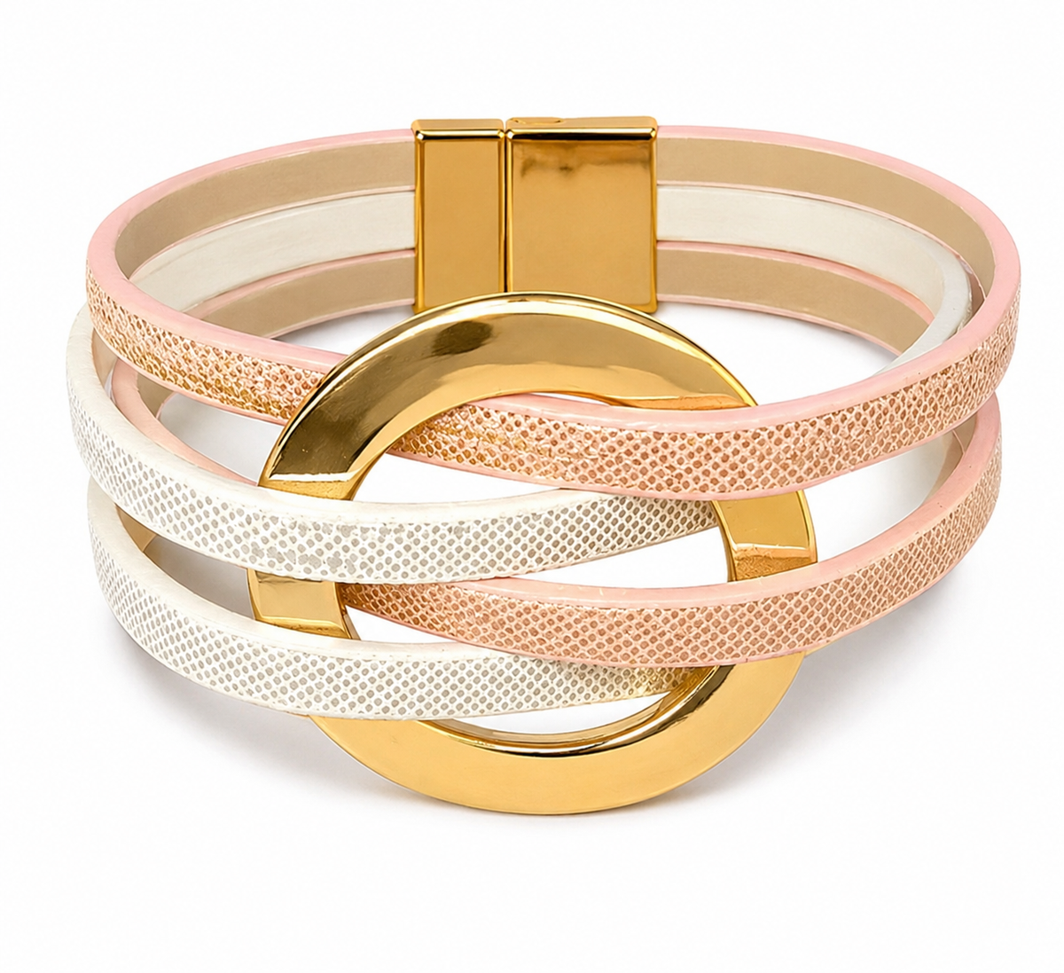 Women's Multilayer Pink & Ivory Textured Bracelet with Gold-Tone Accent