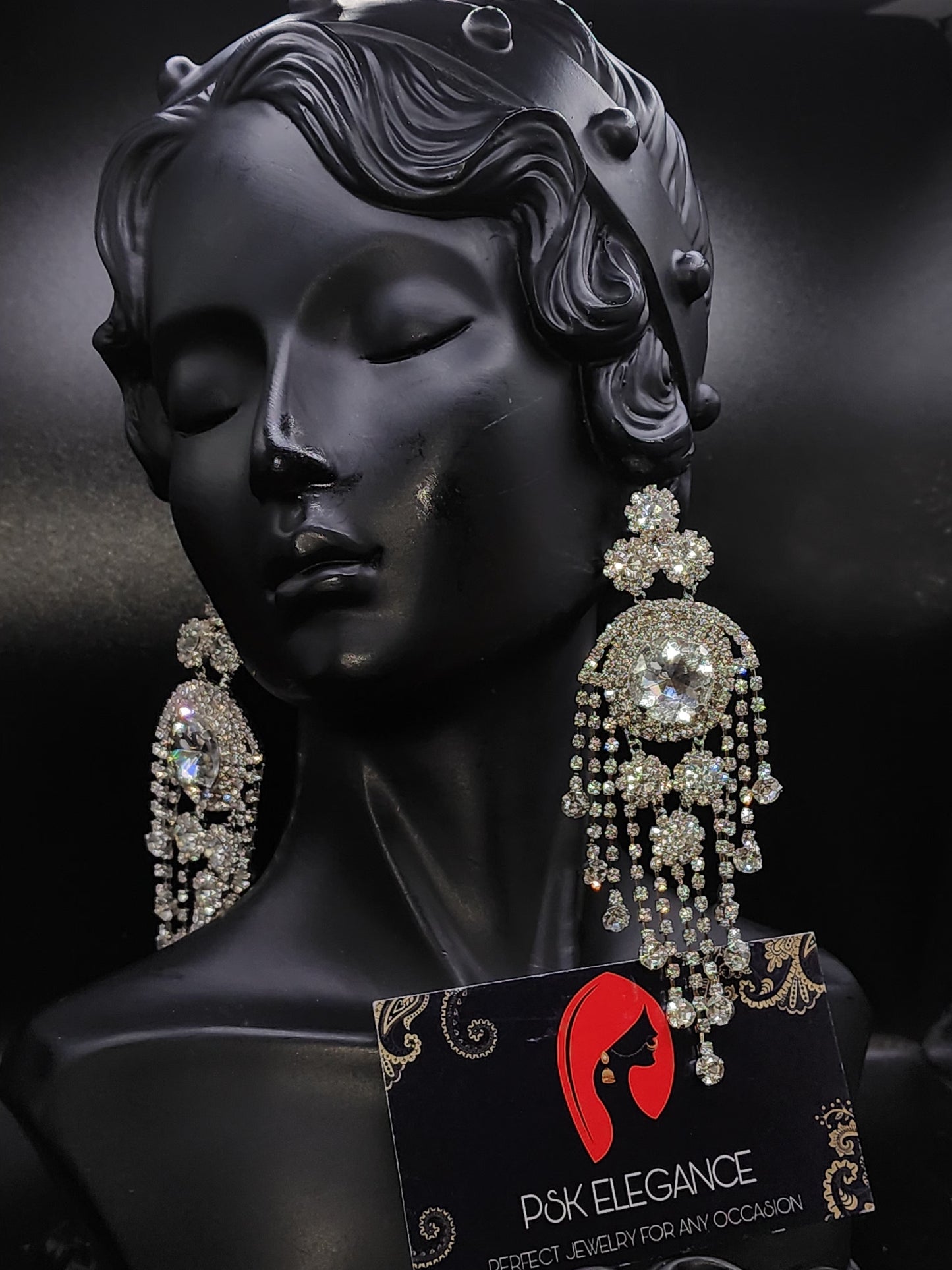 Silver Crystal Jhumka Statement Drop Earrings