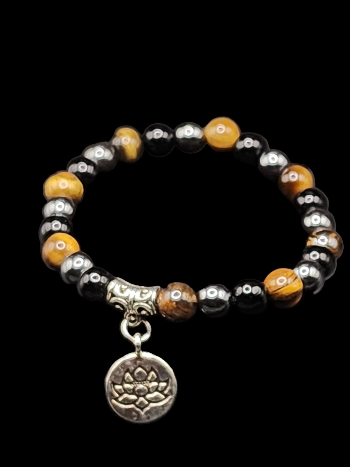 Tiger Eye Beaded Bracelet with Lotus Charm