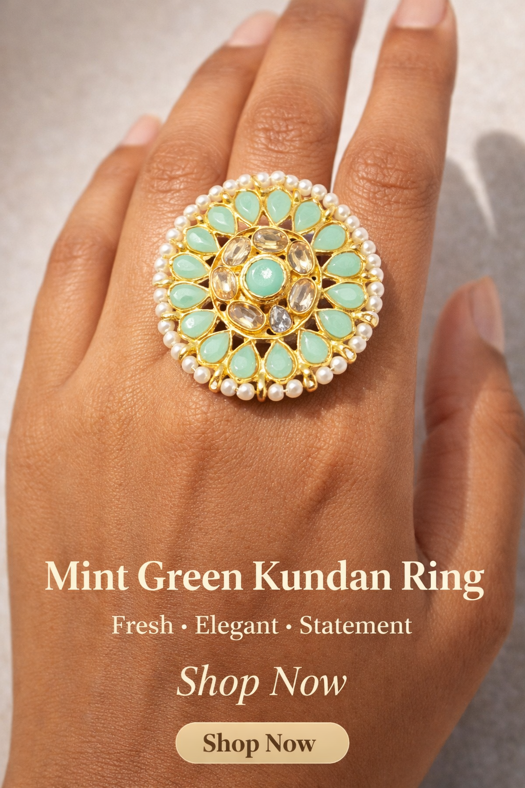 Mint Green Kundan Statement Ring | Gold Pearl Halo Floral Ring