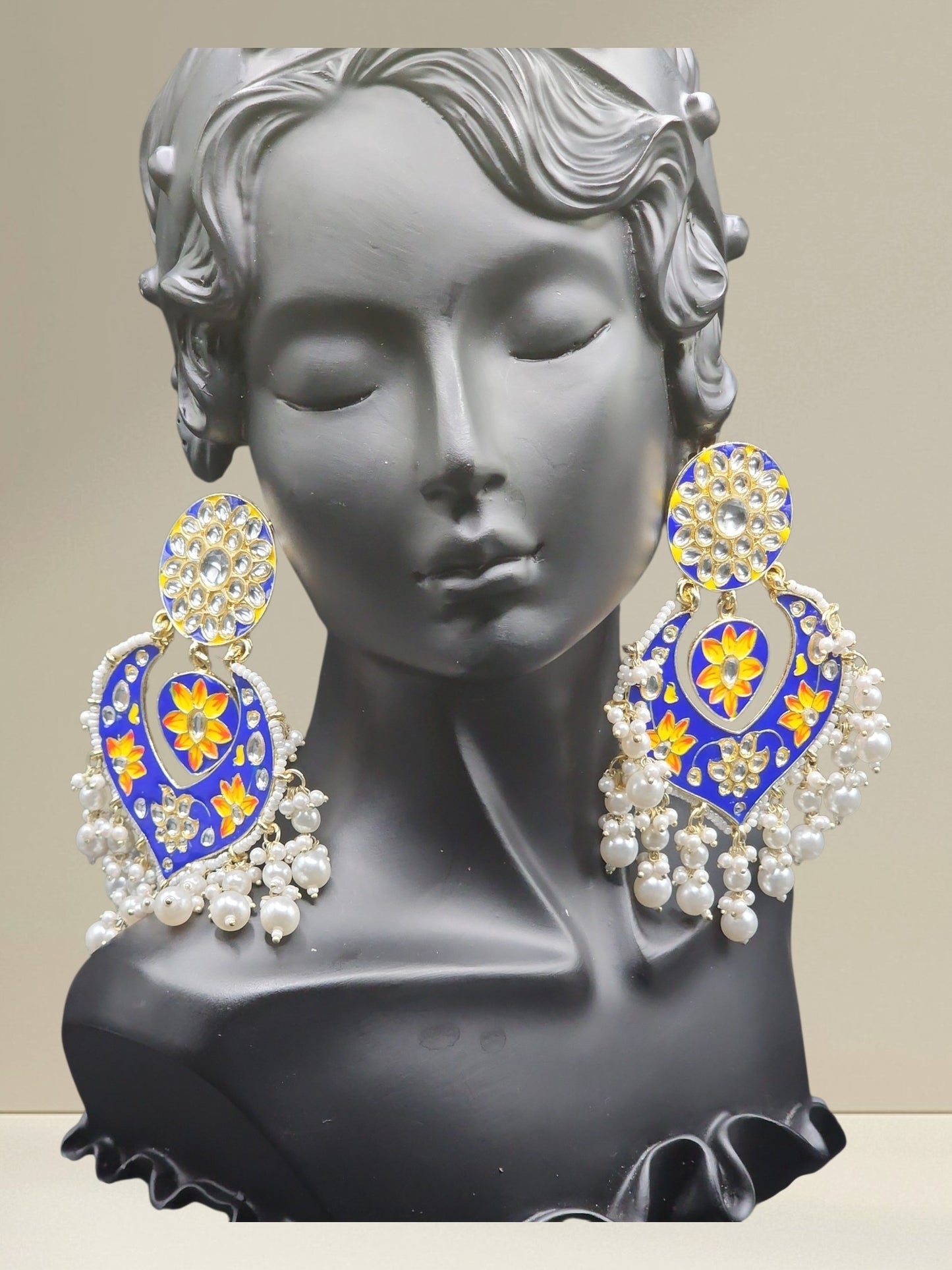 PSK ELEGANCE Blue Meenakari Heart Chandbali Earrings | Floral Kundan Pearl Drop Statement Jewelry