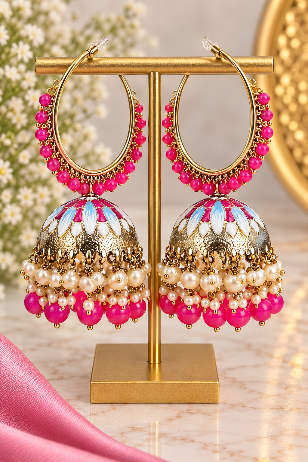 Pink & Blue Meenakari Hoop Jhumka Earrings | Pearl Statement Earrings