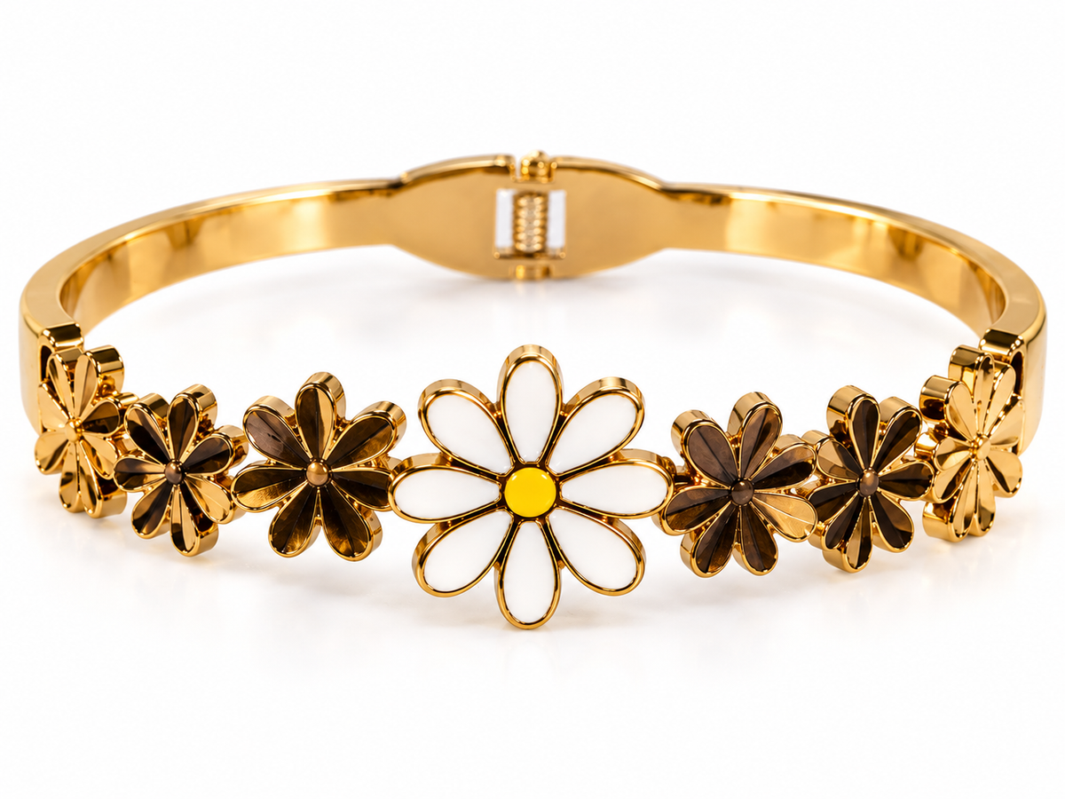 Gold-Tone Daisy Floral Cuff Bracelet with White Enamel Flowers