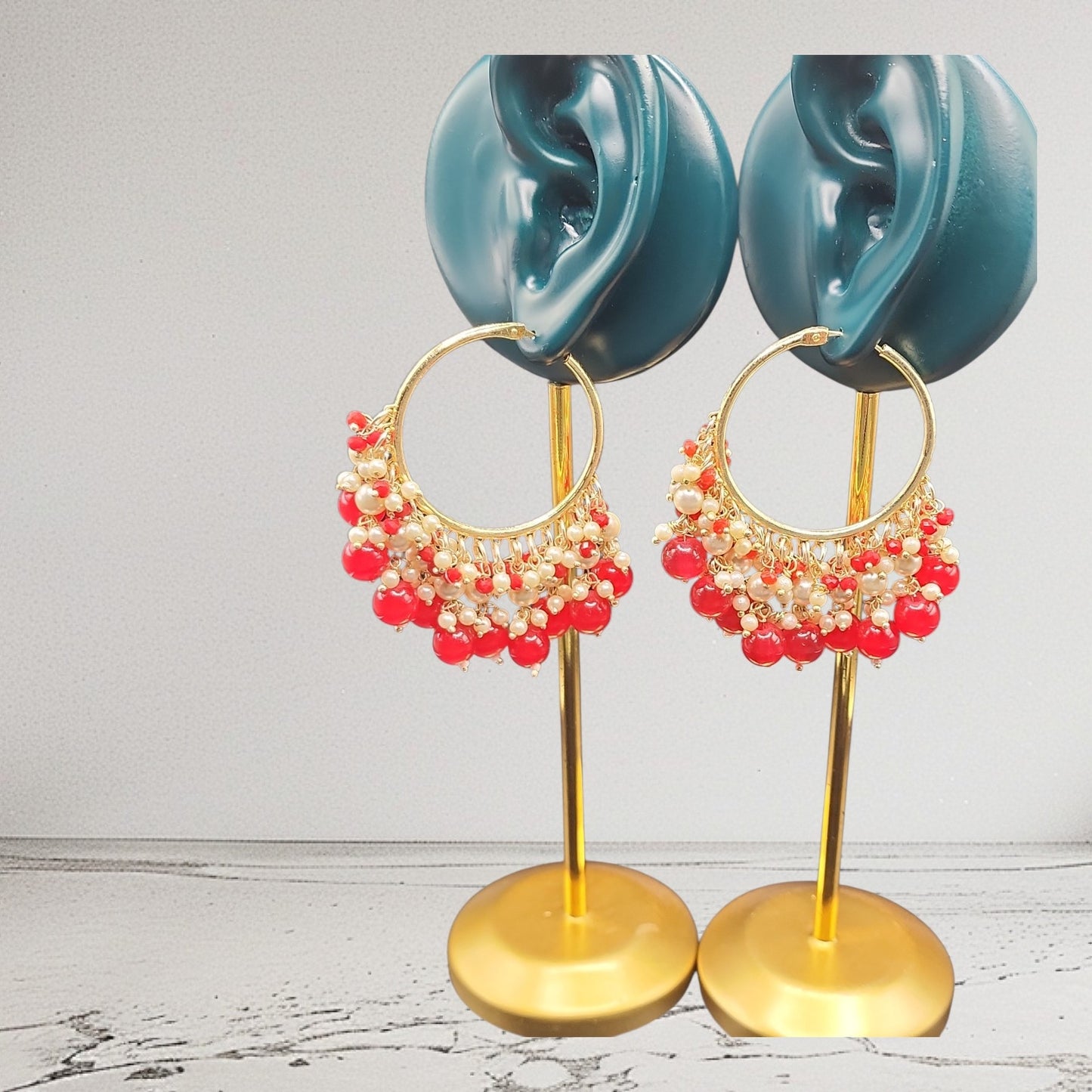 PSK ELEGANCE Red Pearl Hoop Earrings | Gold Tone Beaded Statement Indo-Western Jewelry
