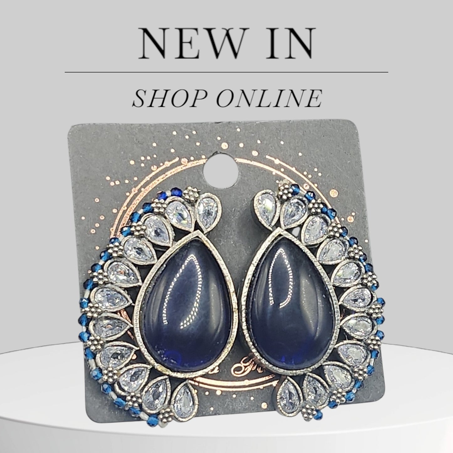 PSK ELEGANCE Midnight Blue Teardrop Statement Earrings | Crystal Halo Indo-Western Luxury Jewelry