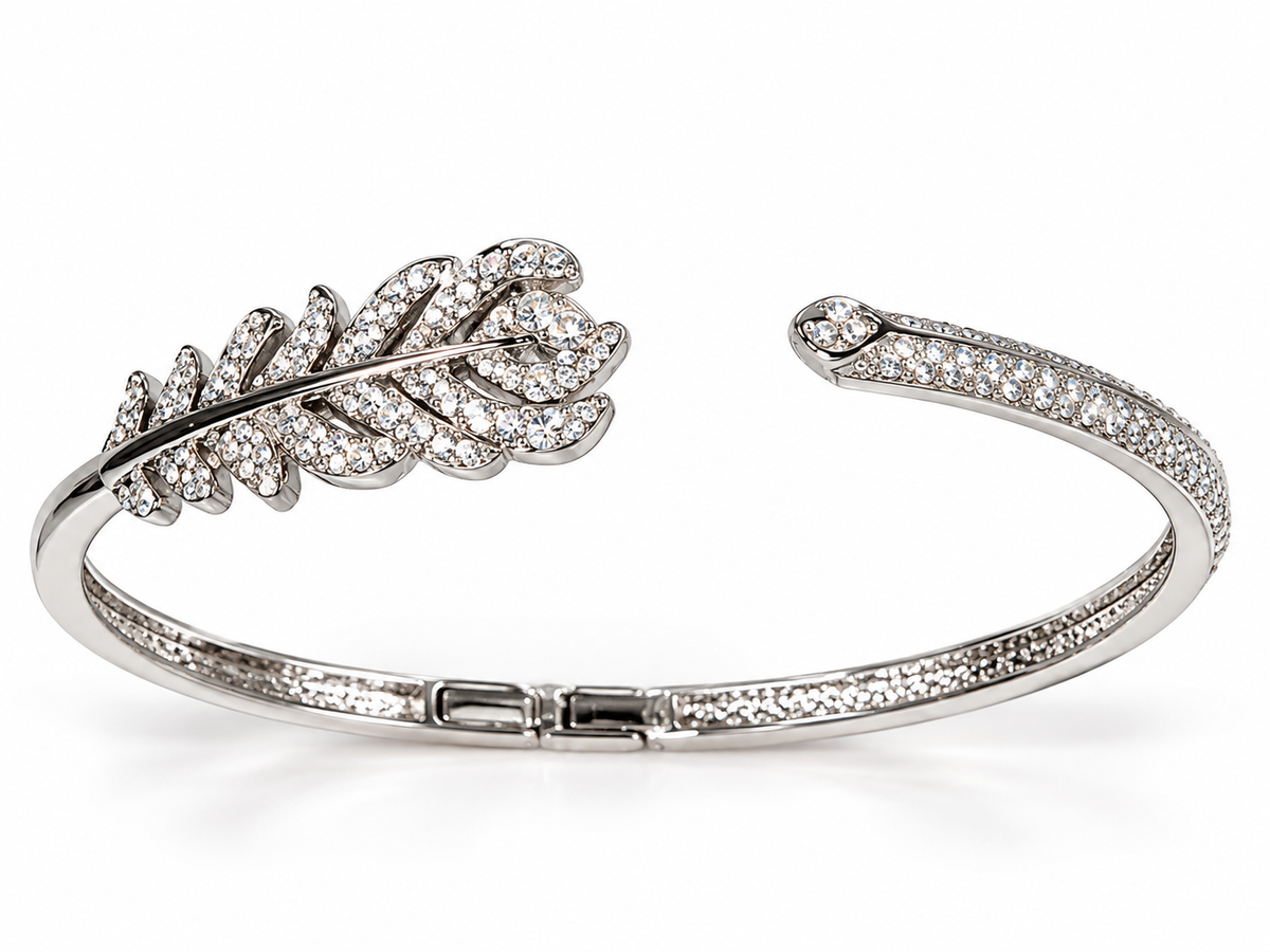 Silver-Tone Rhinestone Feather Cuff Bracelet