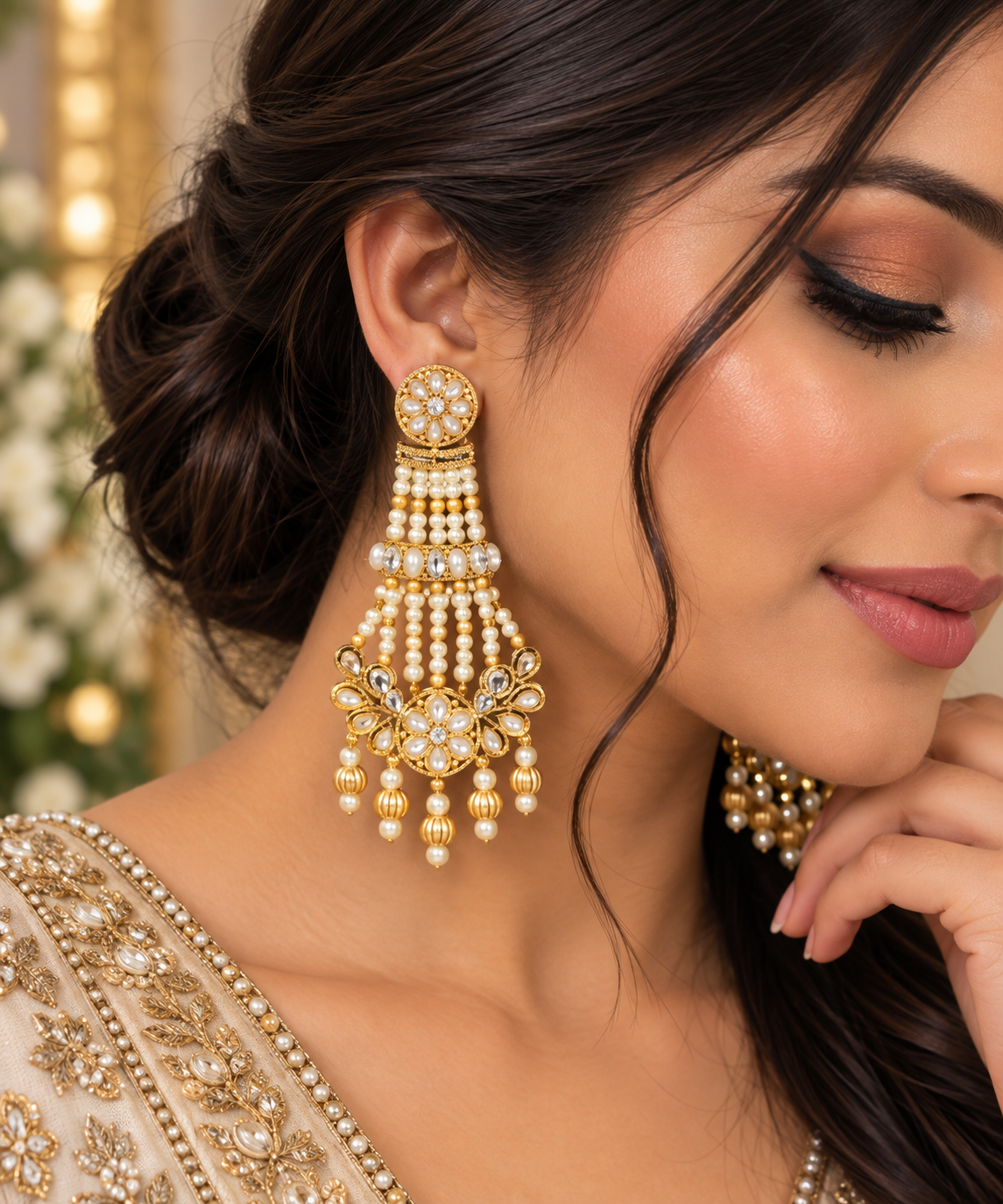White Pearl & Gold Statement Earrings