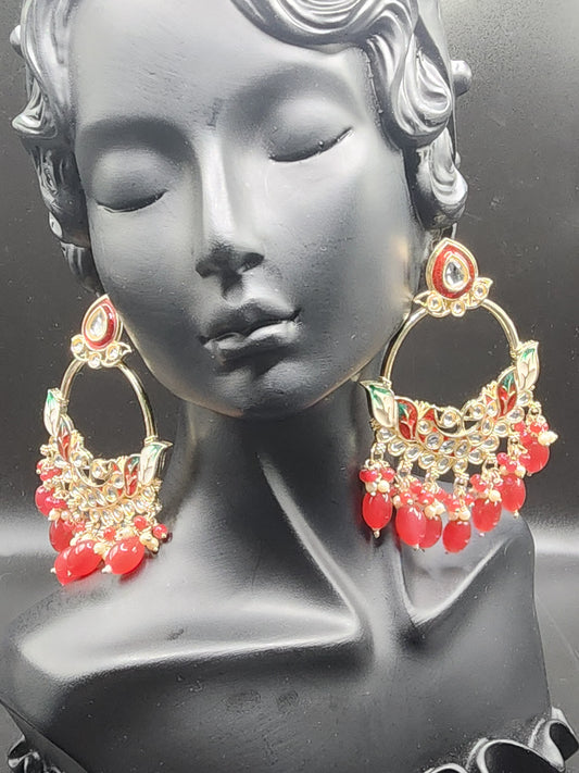 Red Meenakari Statement Hoop Earrings with Beaded Drops – Bridal Luxe