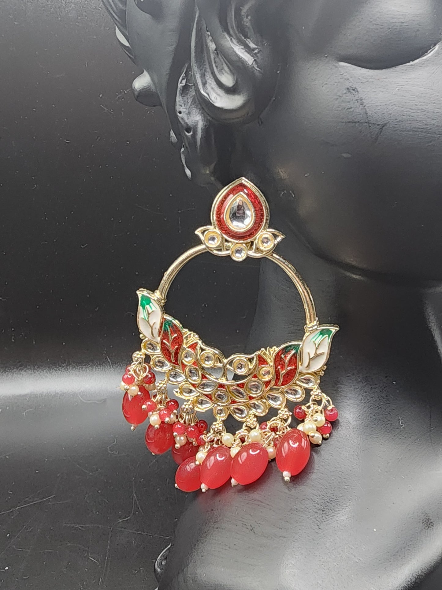 Royal Red Meenakari Statement Hoop Earrings with Beaded Drops – Festive Luxe