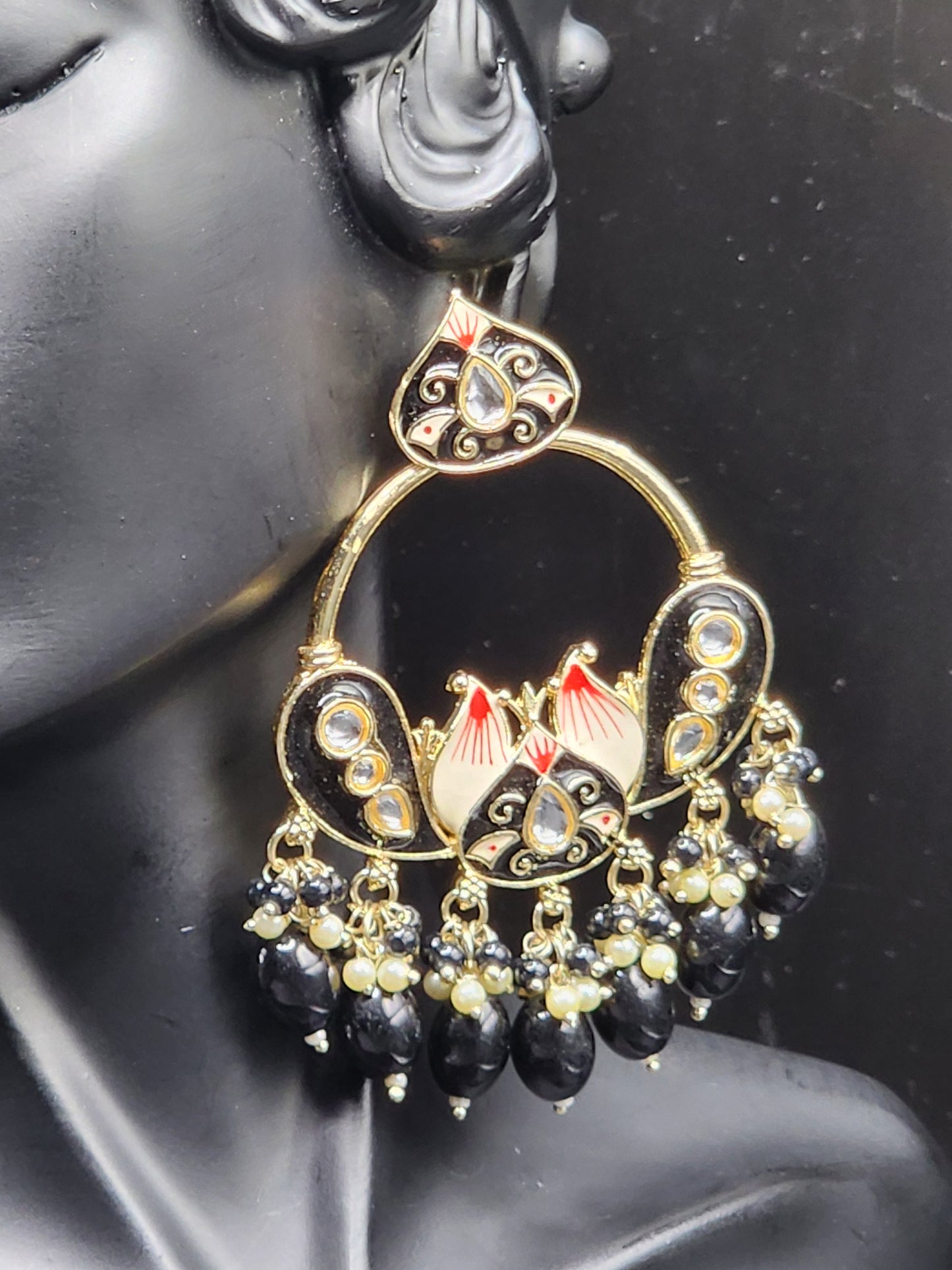Black Meenakari Statement Hoop Earrings with Pearl & Beaded Drops – Elegant Luxe