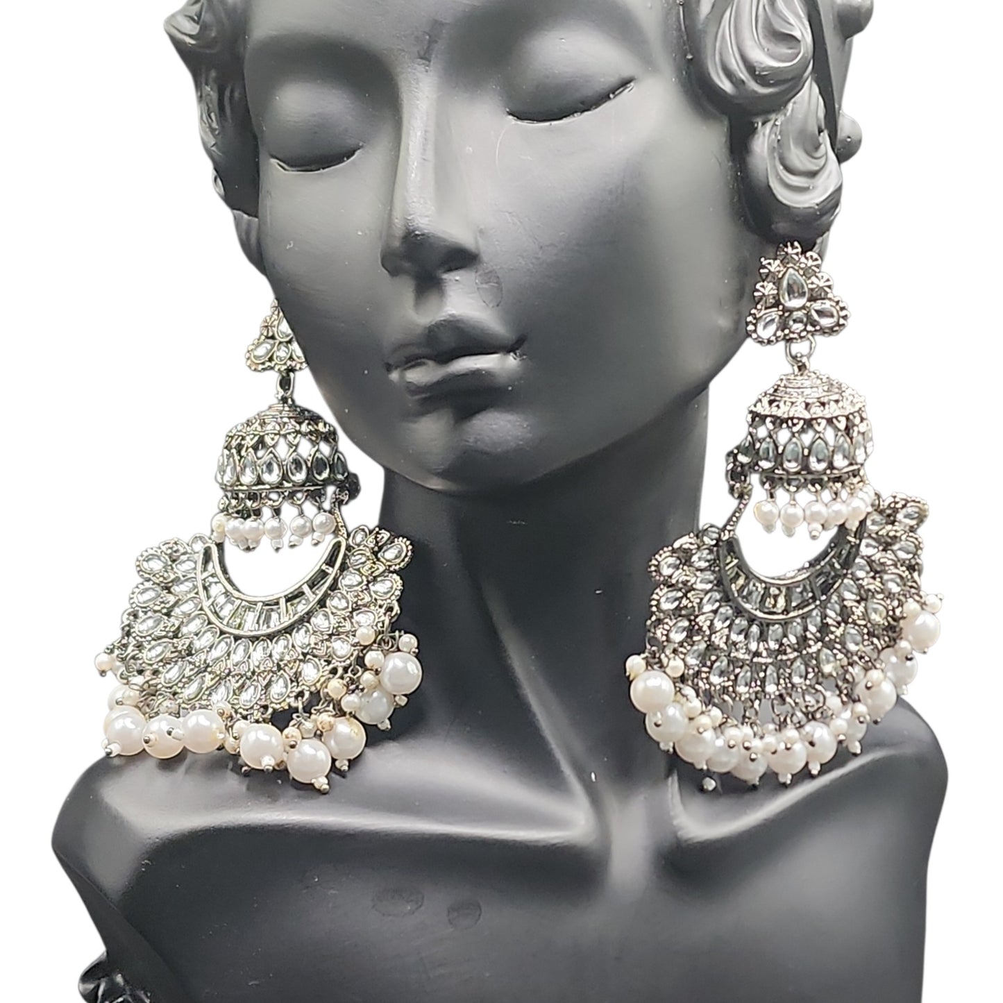 PSK ELEGANCE Oxidized Silver Kundan Chandbali Earrings | Pearl Drop Statement Ethnic Jewelry