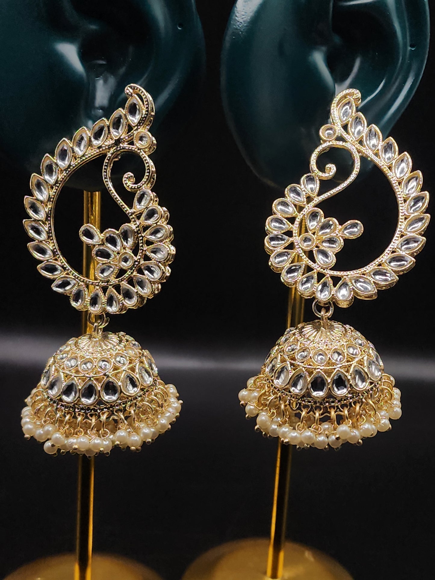 PSK ELEGANCE Gold Kundan Peacock Jhumka Earrings | Pearl Drop Statement Ethnic Jewelry