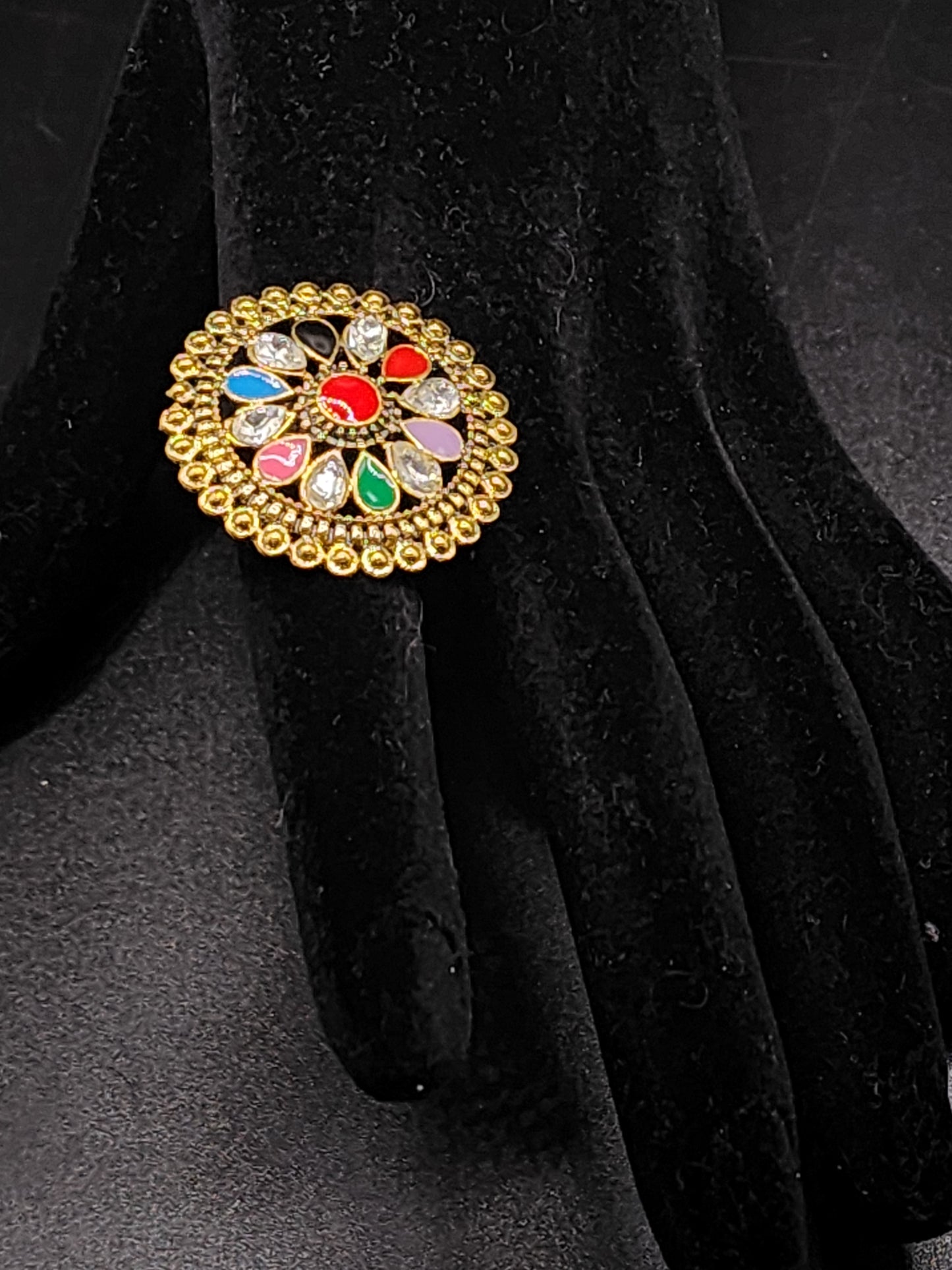 Multicolor Kundan Statement Ring | Gold Festival Floral Ring