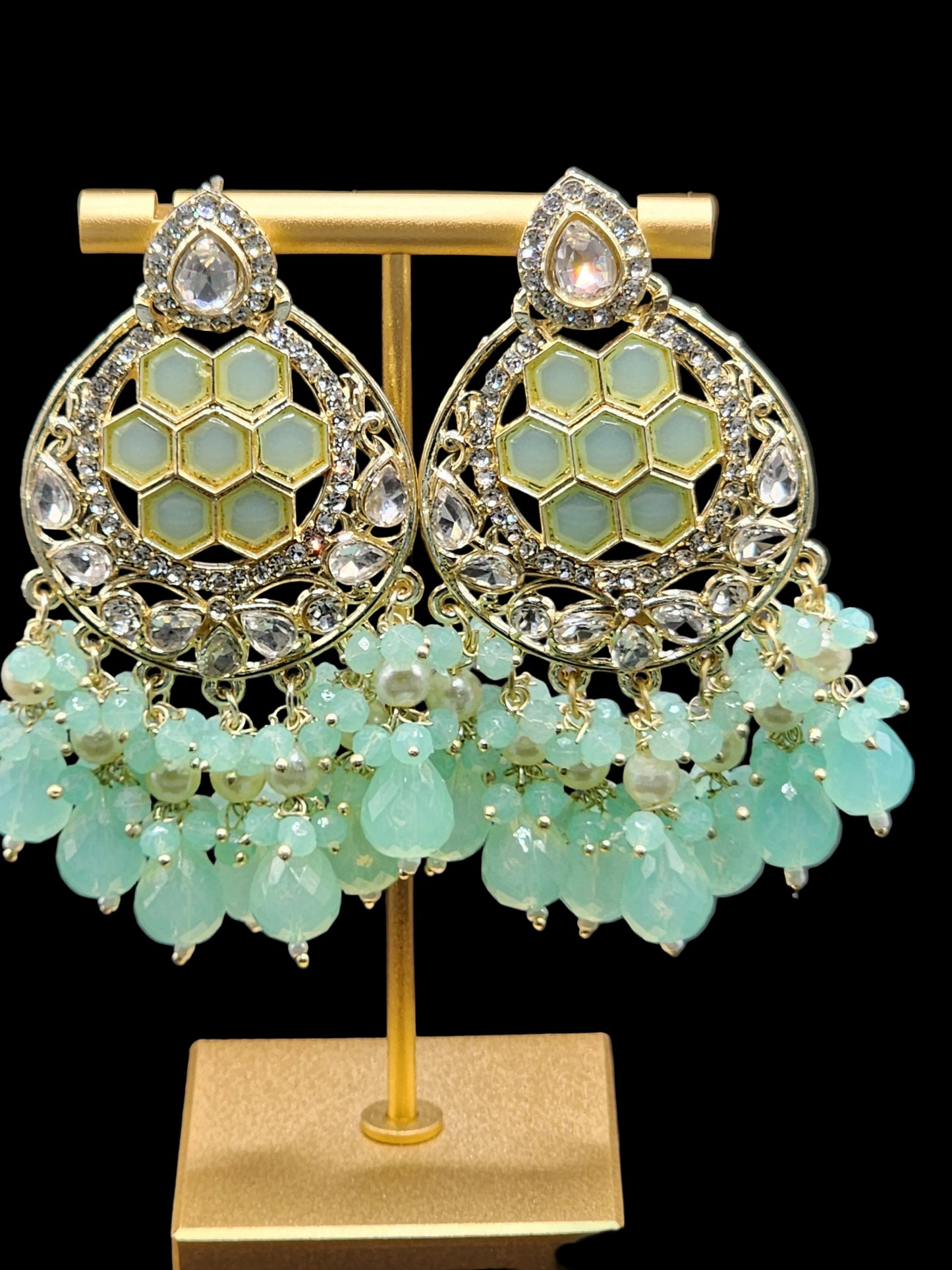 Mint Green Kundan Chandbali Earrings with Crystal Drops – Pastel Luxe