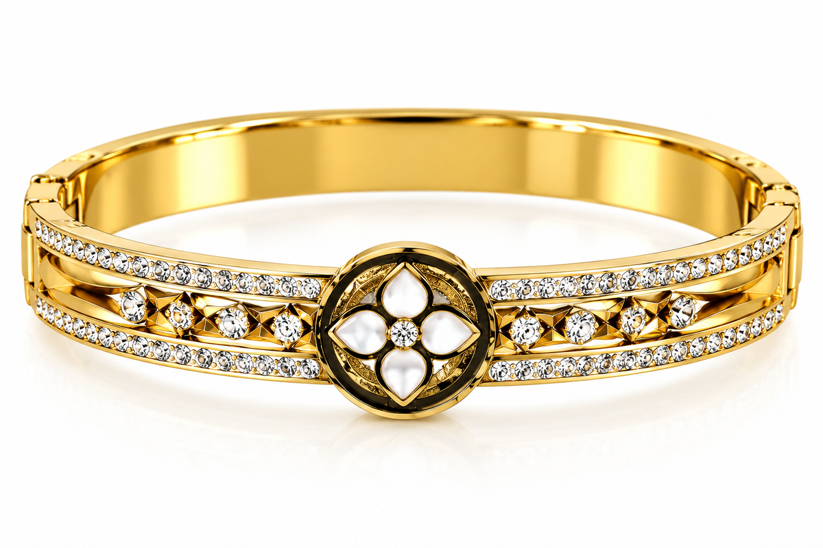 Gold-Tone Floral Crystal Cuff Bracelet with White Petals
