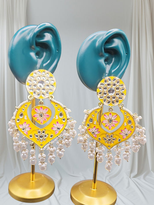 PSK ELEGANCE Yellow Meenakari Heart Chandbali Earrings | Floral Kundan Pearl Drop Statement Jewelry