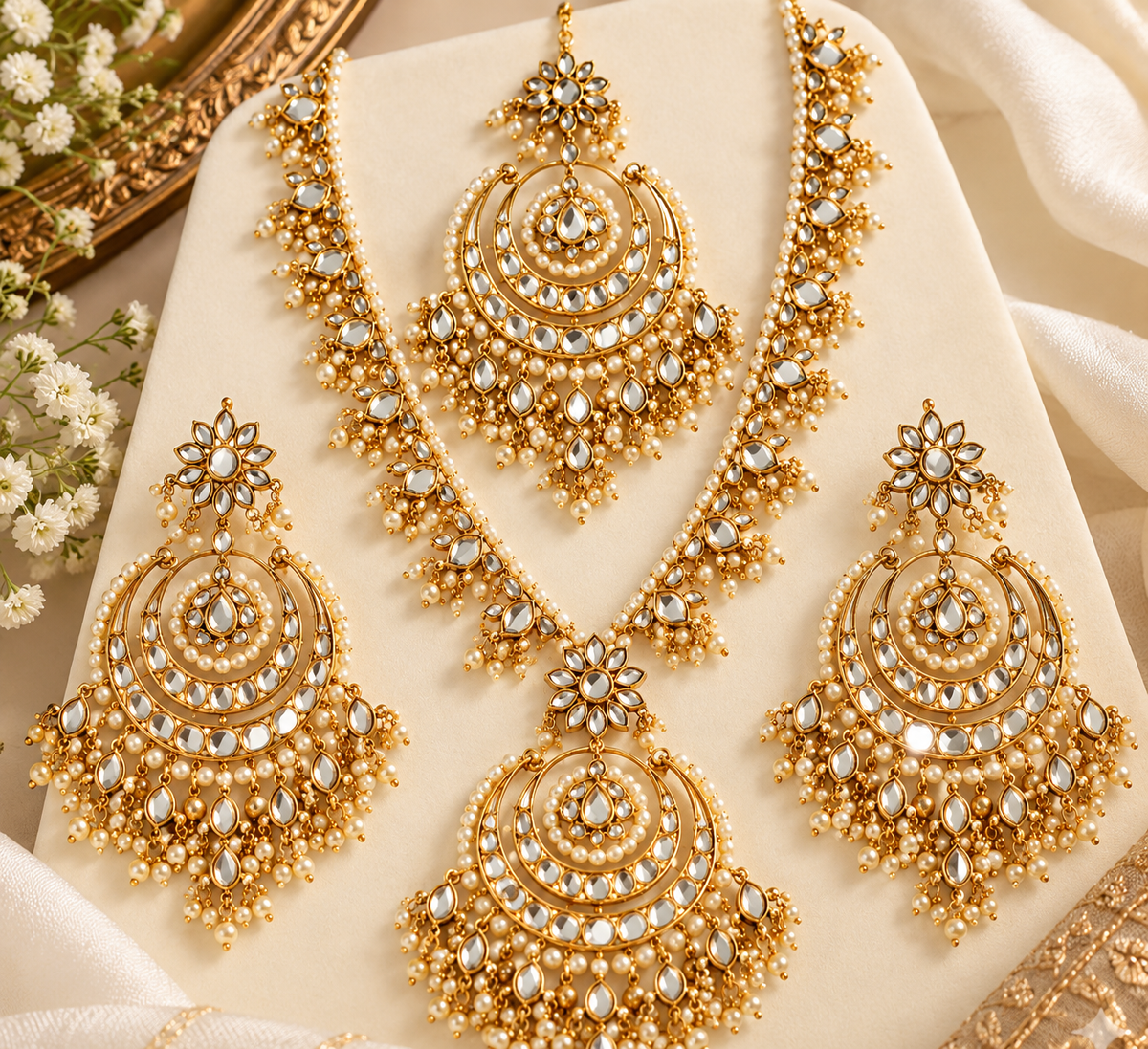 Gold Mirror Kundan Necklace Set with Matching Earrings & Maang Tikka
