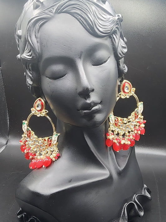 Royal Red Meenakari Statement Hoop Earrings with Beaded Drops – Festive Luxe