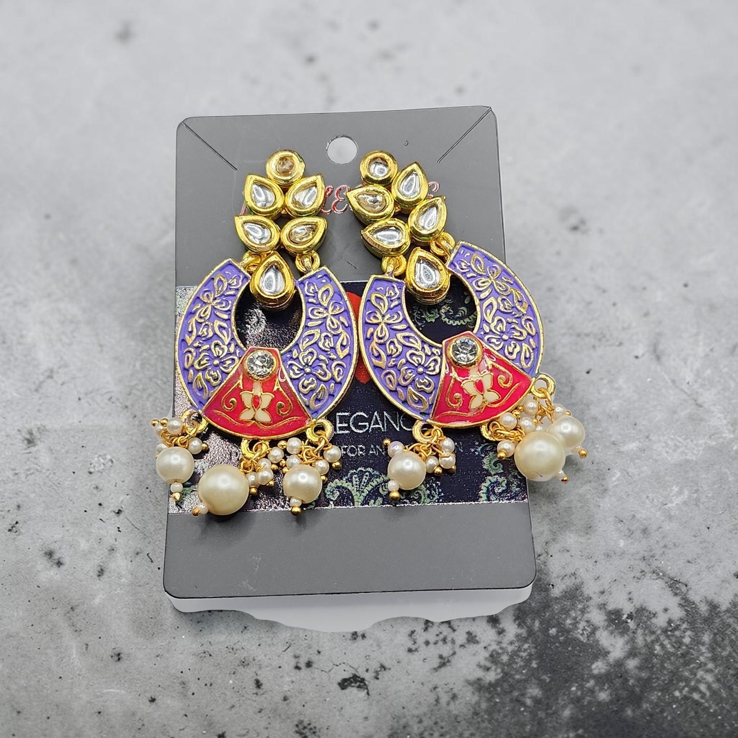 PSK ELEGANCE Red & Gold Chandbali Earrings with Kundan & Pearl Drops