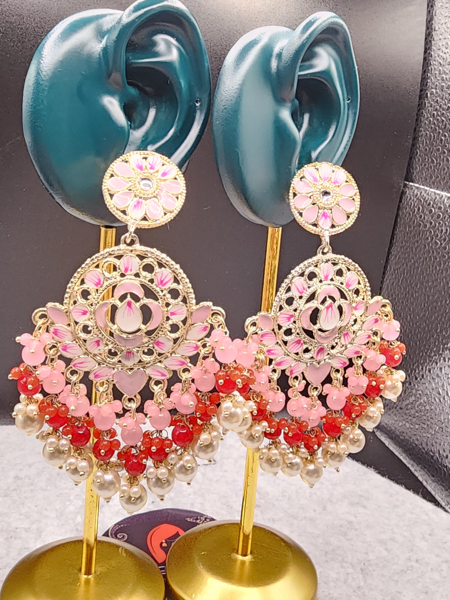 Pink Red Floral Chandbali Earrings | Pearl Bead Indian Statement Earrings