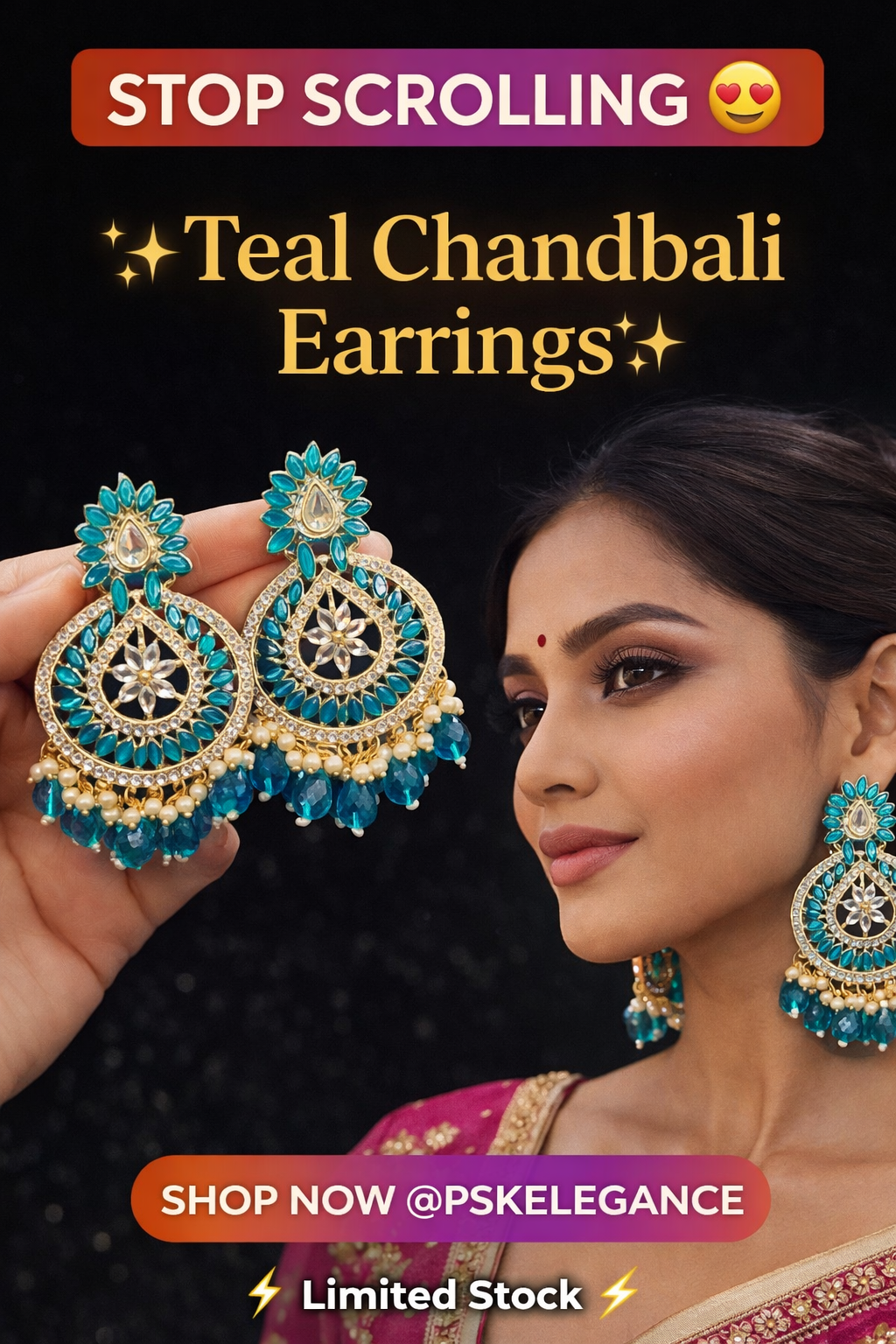 Teal Kundan Chandbali Earrings with Pearl & Bead Drops